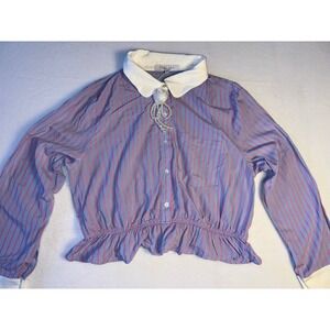 Sweet Rain Striped Cropped Blouse Blue Pink Rosette Pearl Detail XL